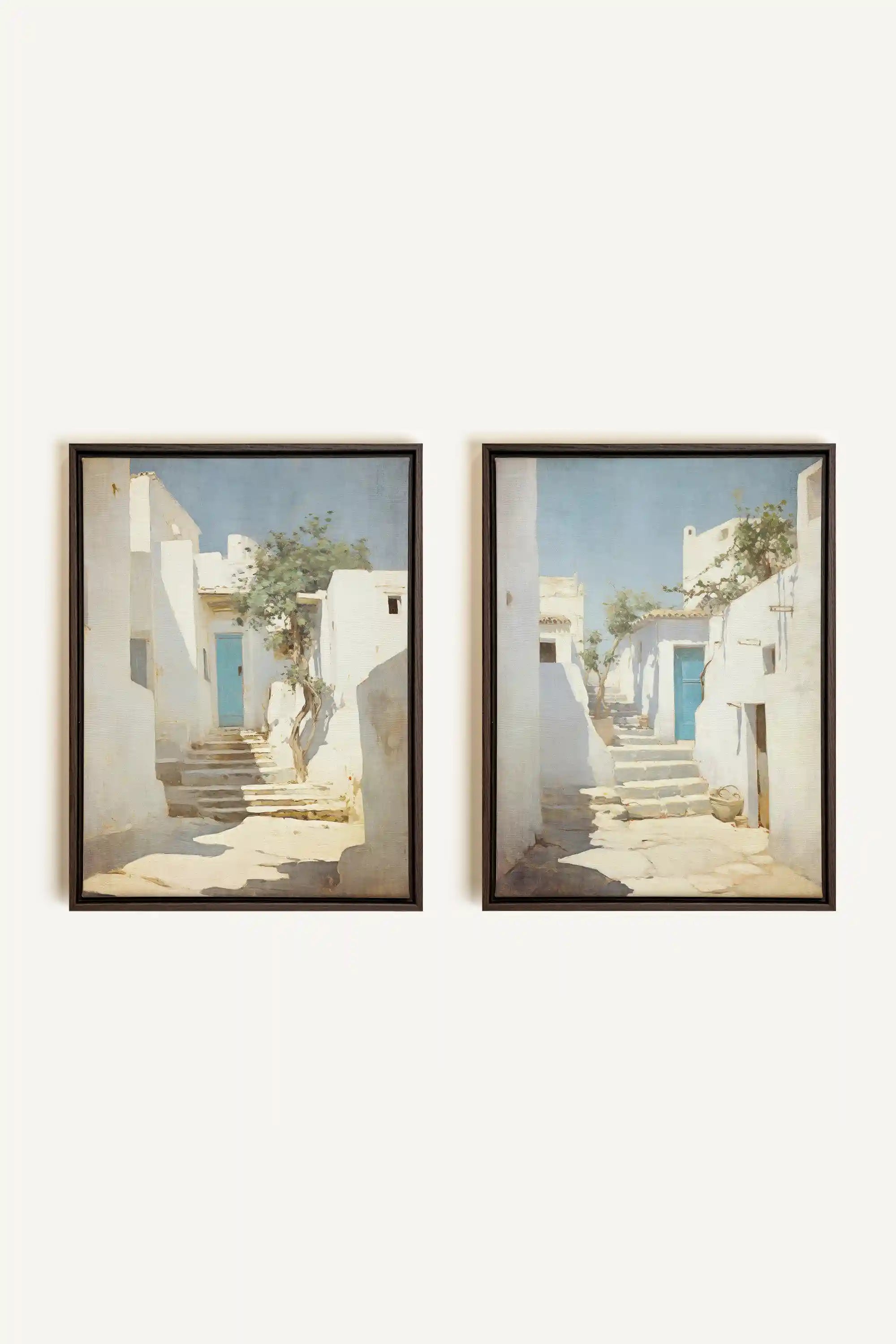 COMBINAISON VINTAGE GREEK VILLAS, 2 Oeuvres sur toile étirée, encadré Brun Noyer
