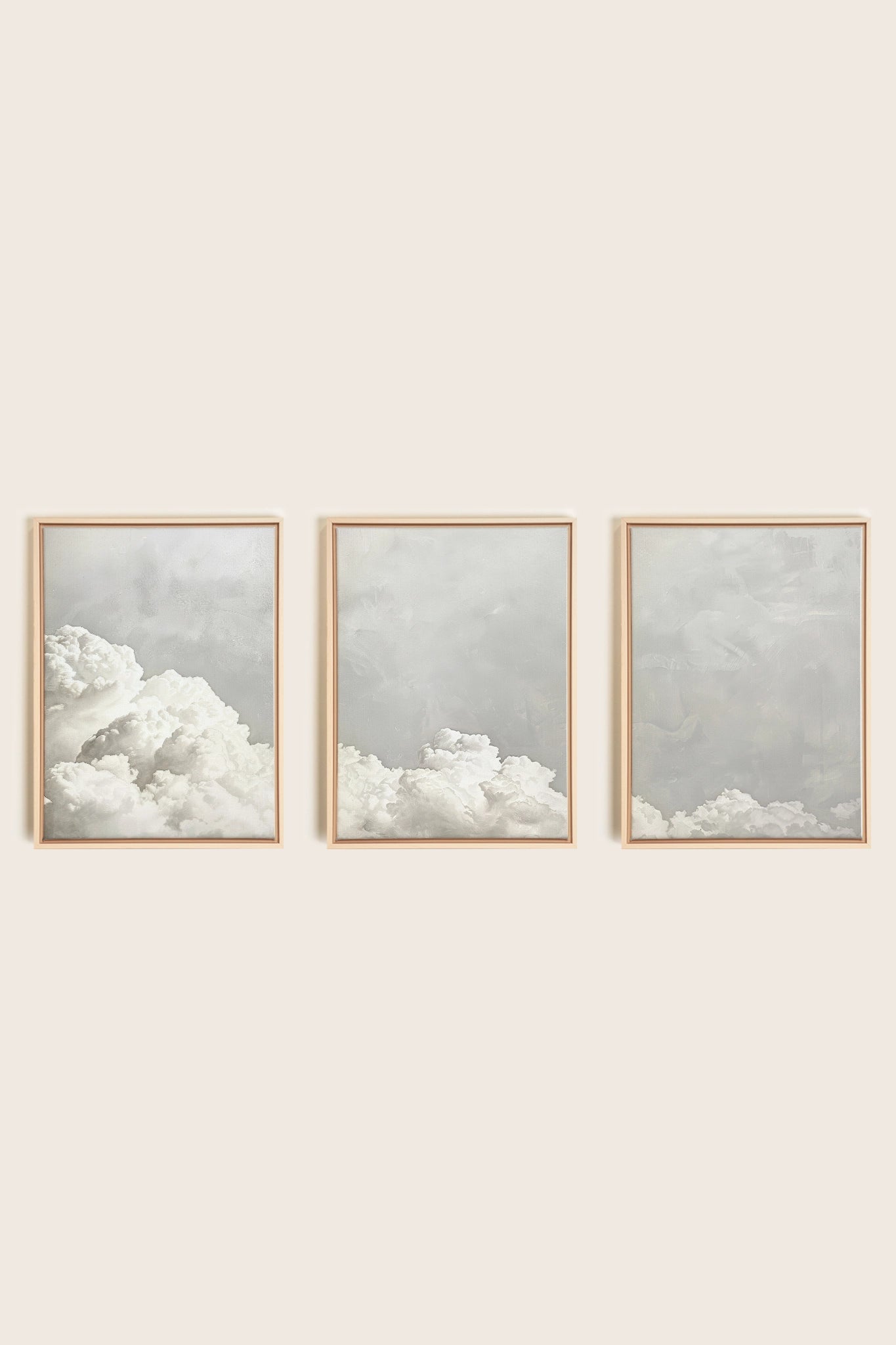 ANTIQUE CLOUDSCAPE TRIO, 3 Artworks on stretched canvas, framed Natural Light