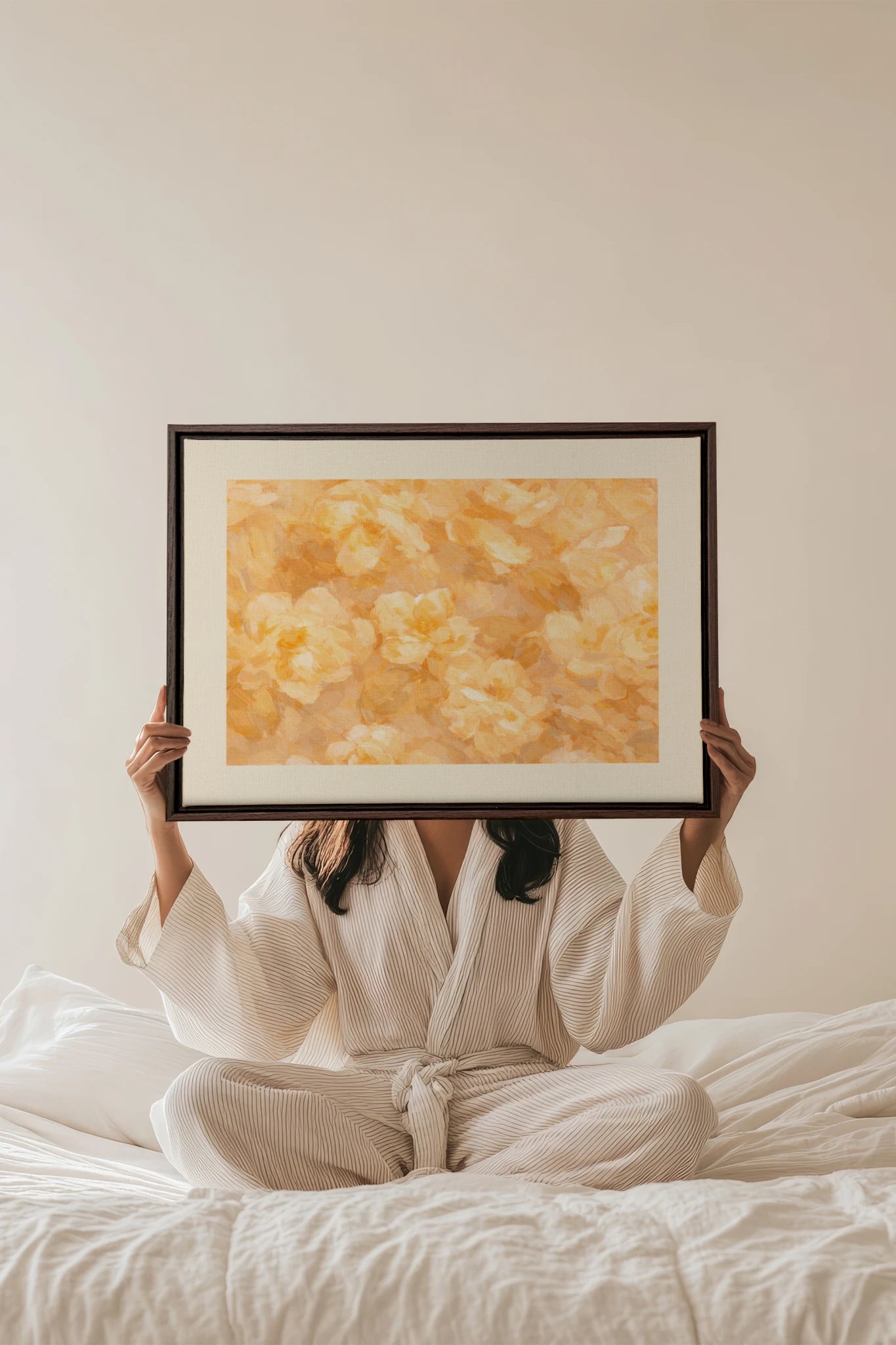 APRICOT PETALS, Work on stretched canvas, framed Walnut Brown