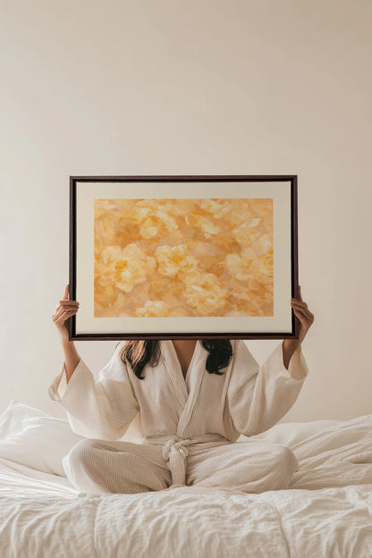 APRICOT PETALS, Work on stretched canvas, framed Walnut Brown