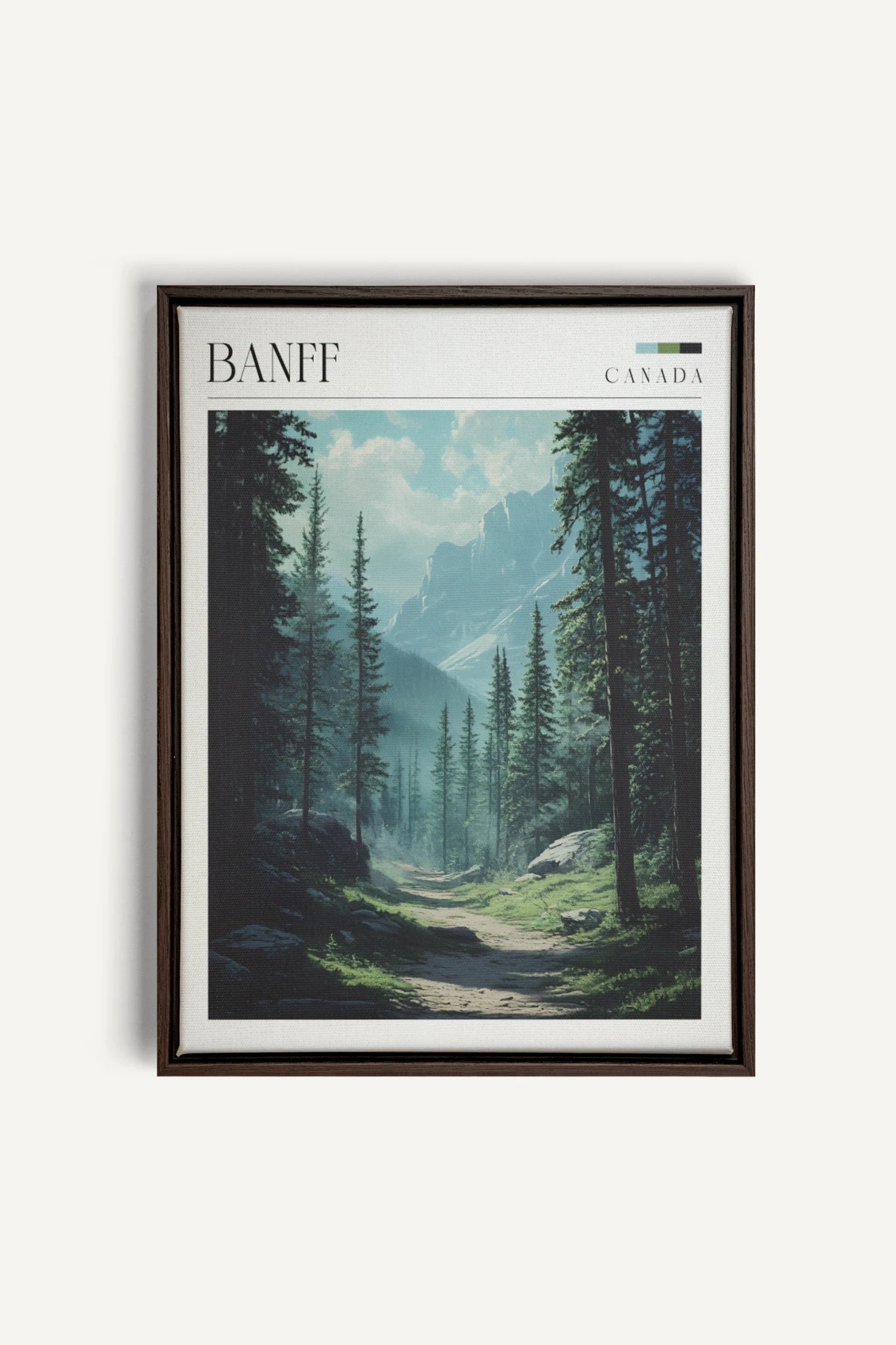 BANFF, Artwork on stretched canvas, framed in Walnut Brown