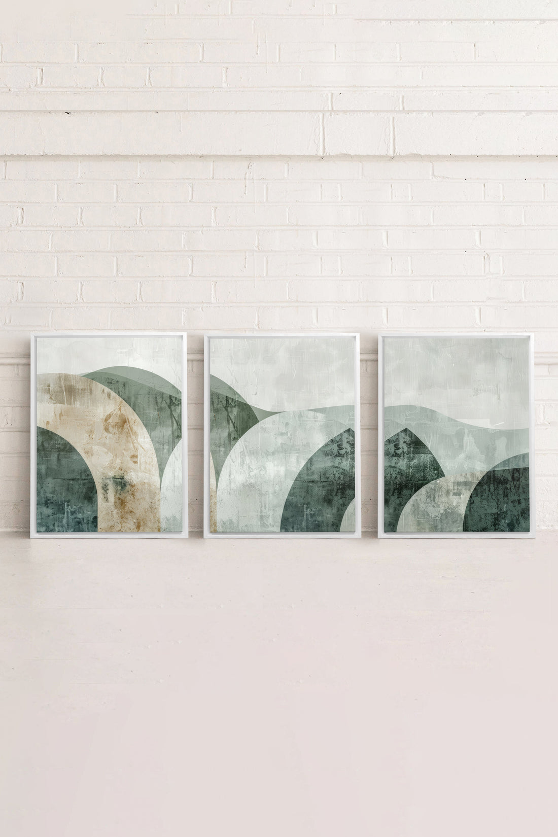 OLEKA CANVAS - GREEN ELEGANCE TRIO, 3 Oeuvres sur toile étirée, encadré Blanc