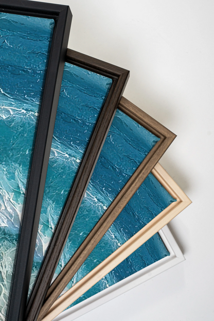 BLEU SALÉ, Oeuvre sur toile étirée, encadré Brun Noyer