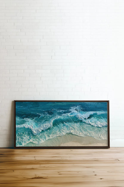 BLEU SALÉ, Oeuvre sur toile étirée, encadré Brun Noyer