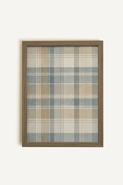 BLUE PLAID, Painting on rigid canvas, framed in brown oak