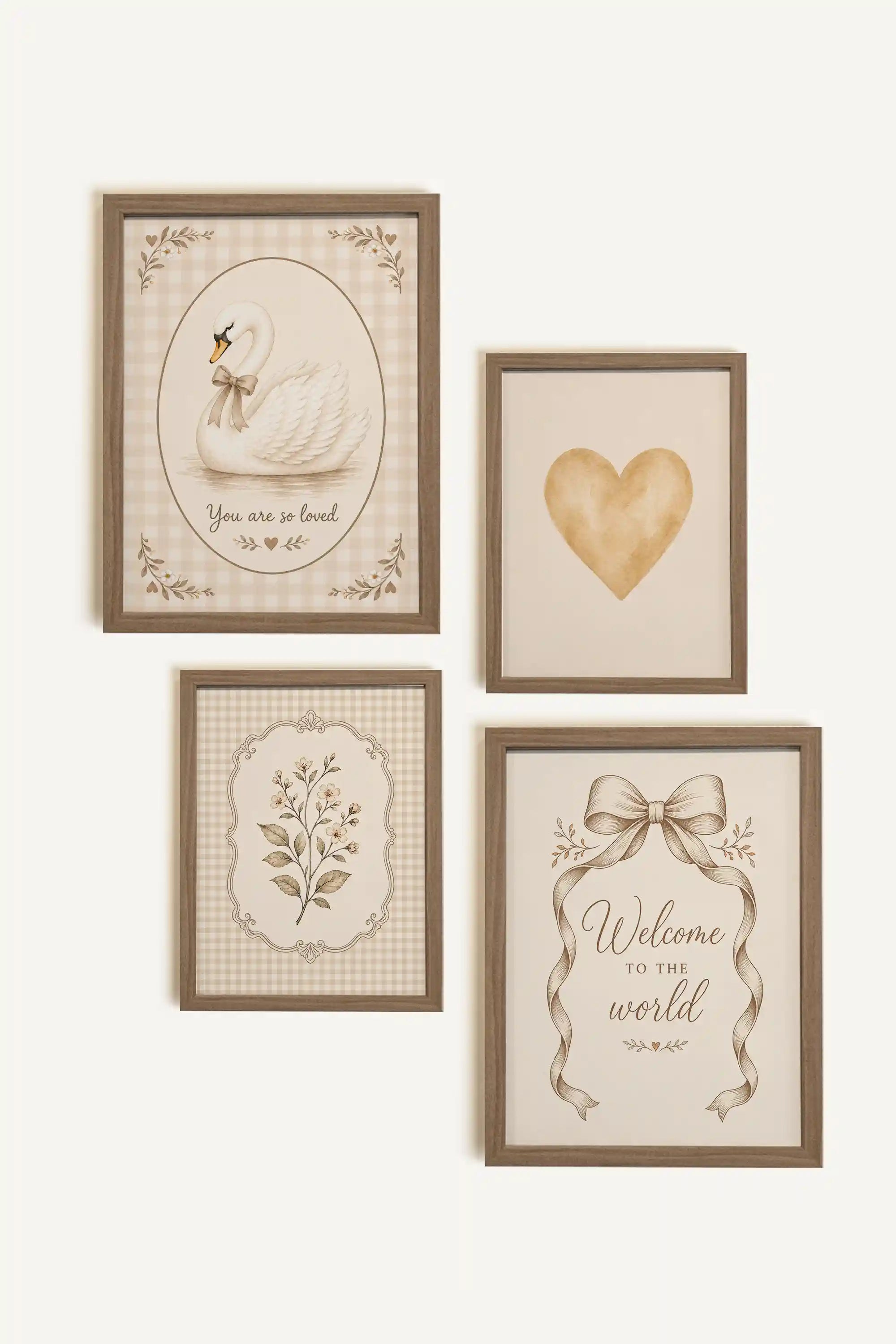LITTLE LOVE STORY, a set of 4 works on rigid canvas, framed in brown oak