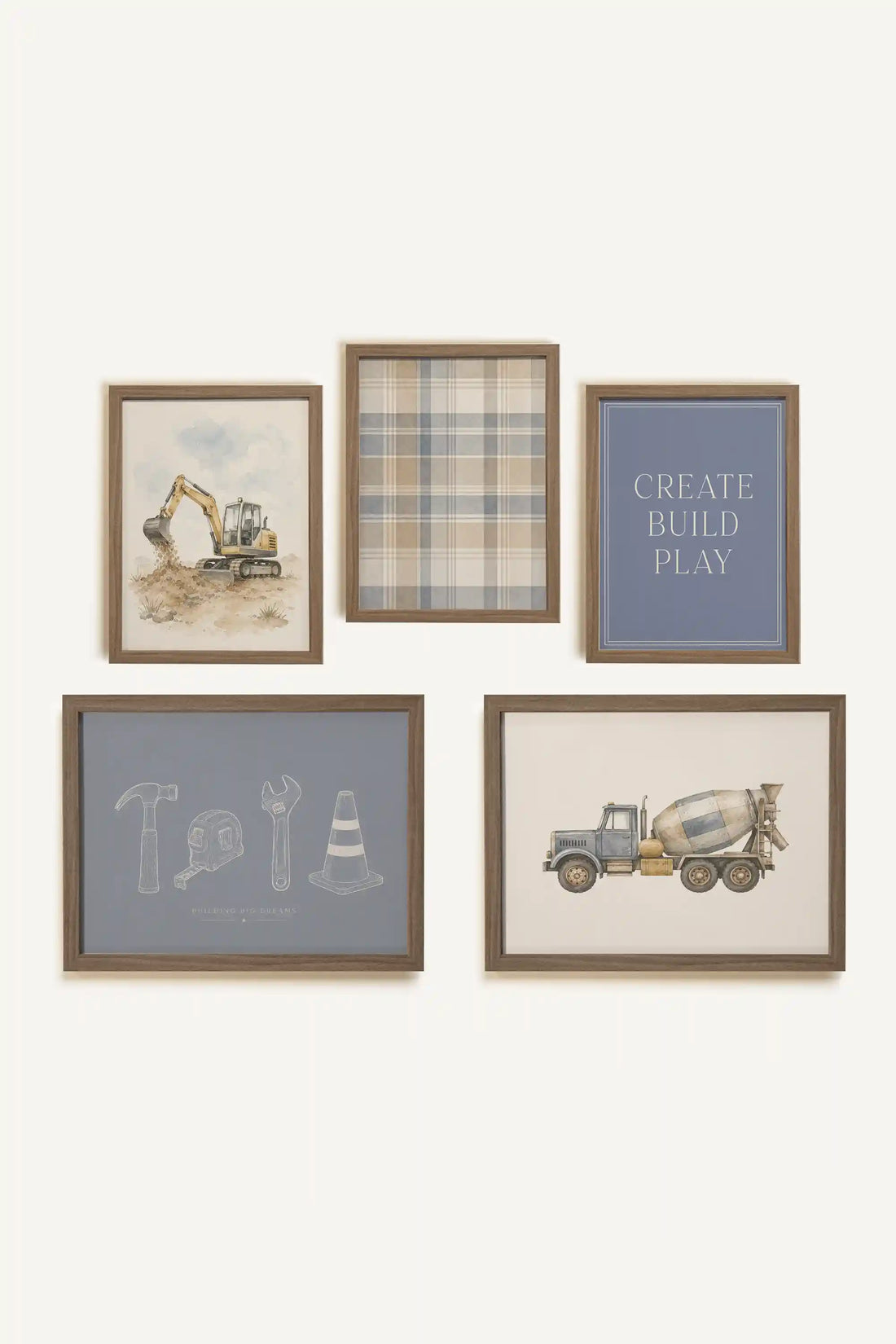 THE BUILDER, ensemble de 5 œuvres sur toile rigide, encadré brun chêne