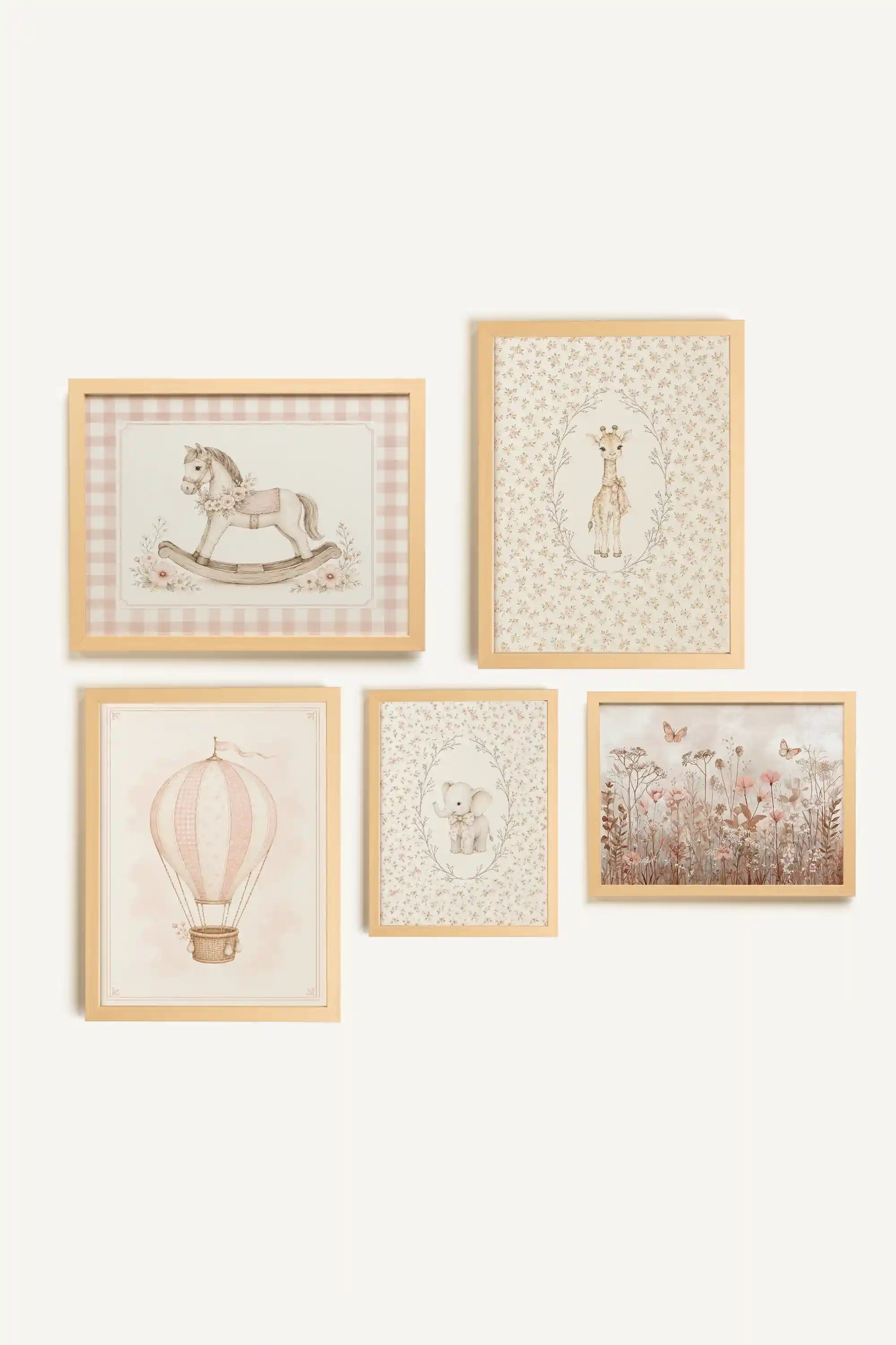 LITTLE DAYDREAM, a set of 5 works on rigid canvas, framed in light natural wood