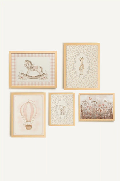 LITTLE DAYDREAM, a set of 5 works on rigid canvas, framed in light natural wood