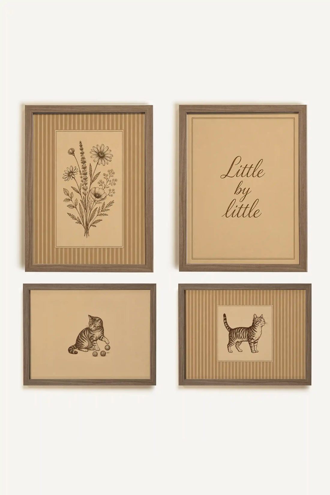 LITTLE COMPANION, ensemble de 4 œuvres sur toile rigide, encadré brun chêne