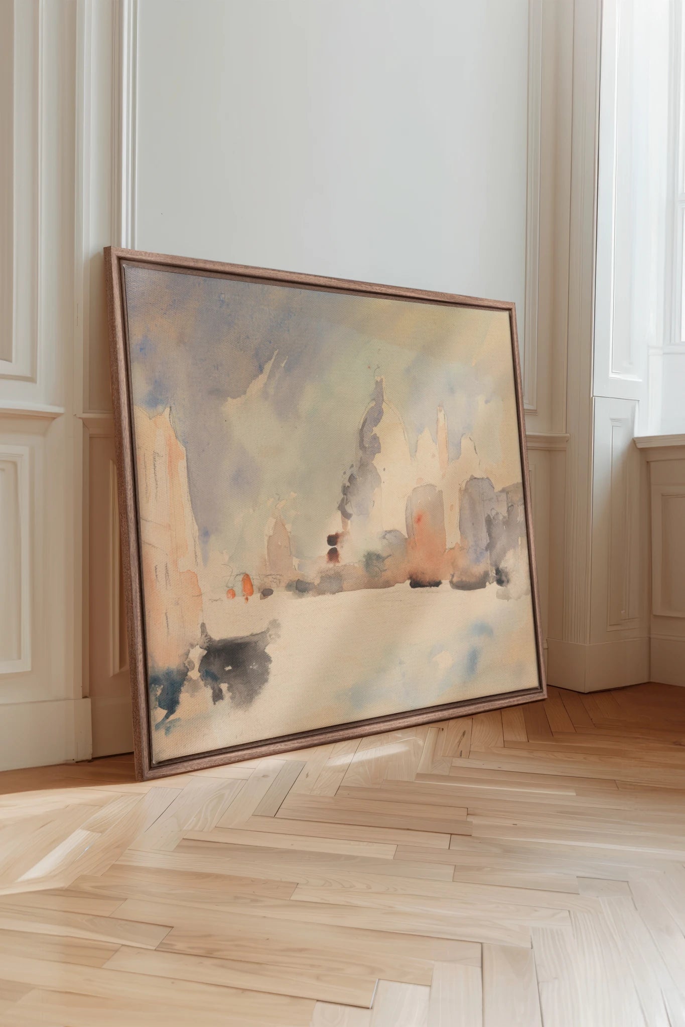 CITY IN MIST, Oeuvre sur toile étirée, encadré Brun Chêne