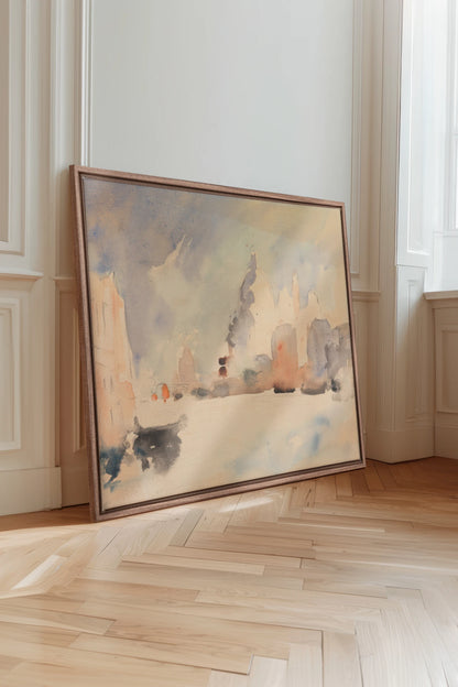 CITY IN MIST, Oeuvre sur toile étirée, encadré Brun Chêne