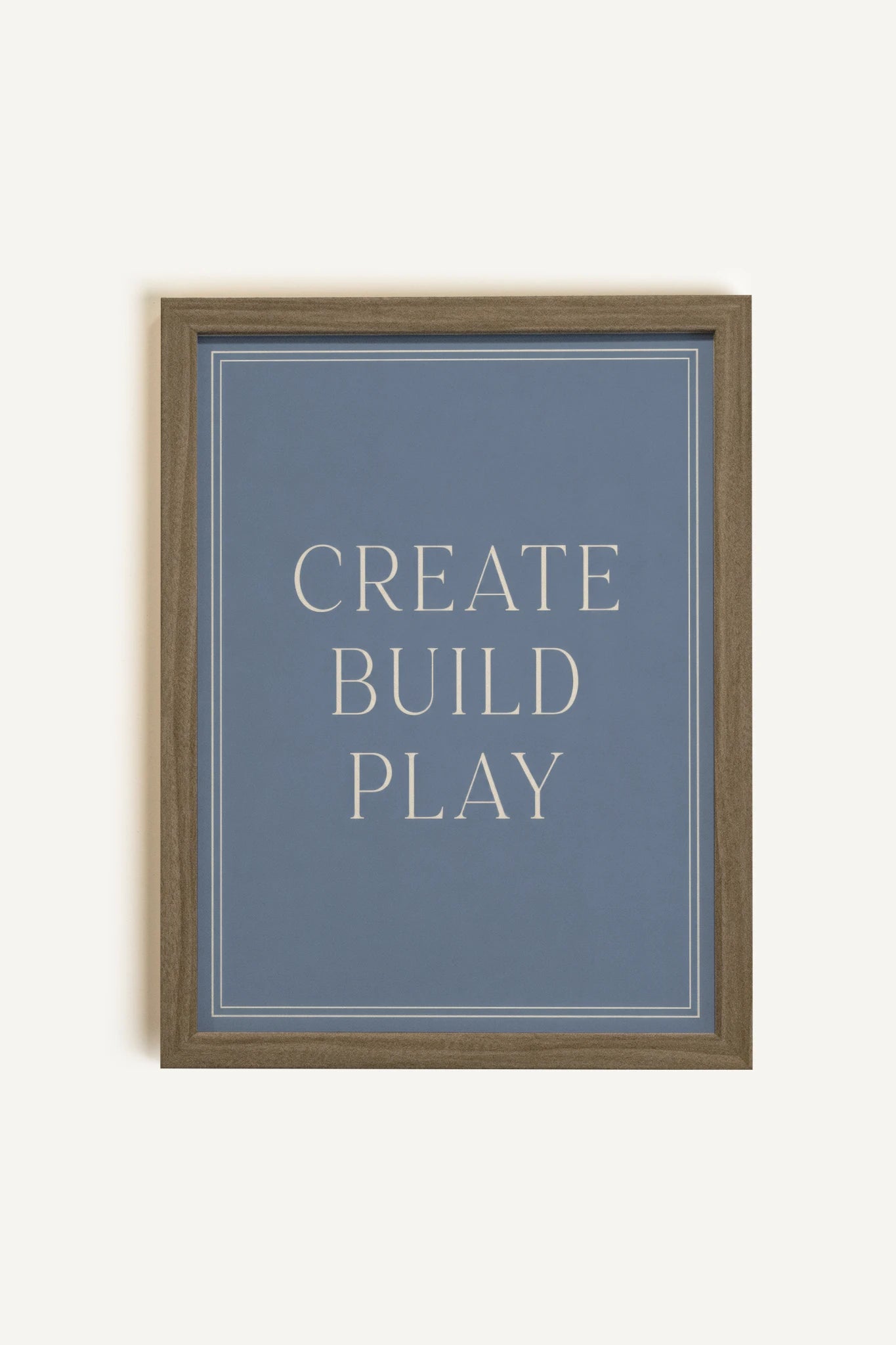CREATE,BUILD,PLAY, Oeuvre sur toile rigide, encadré brun chêne
