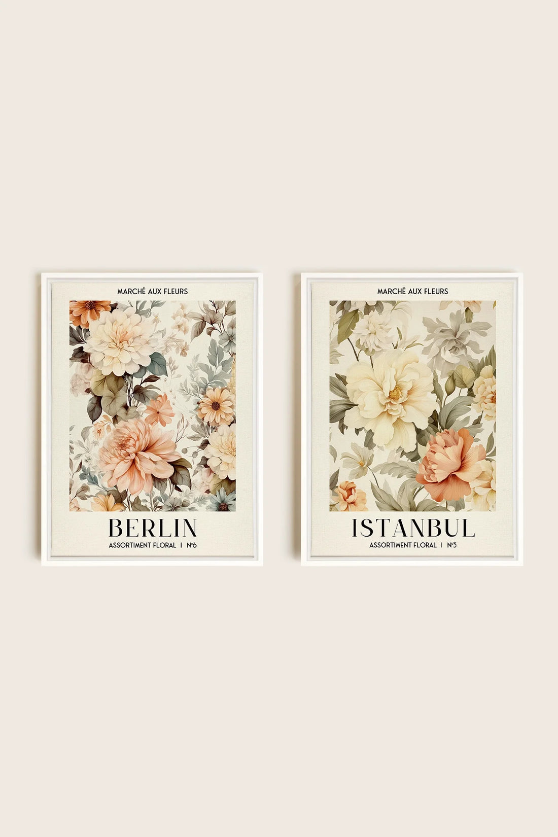 OLEKA CANVAS - DUO ASSORTIMENT FLORAL, 2 Oeuvres sur toile étirée, encadré Blanc