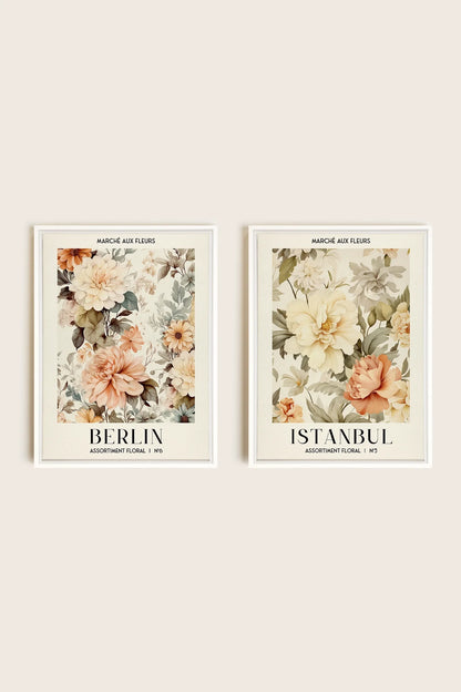 OLEKA CANVAS - DUO ASSORTIMENT FLORAL, 2 Oeuvres sur toile étirée, encadré Blanc
