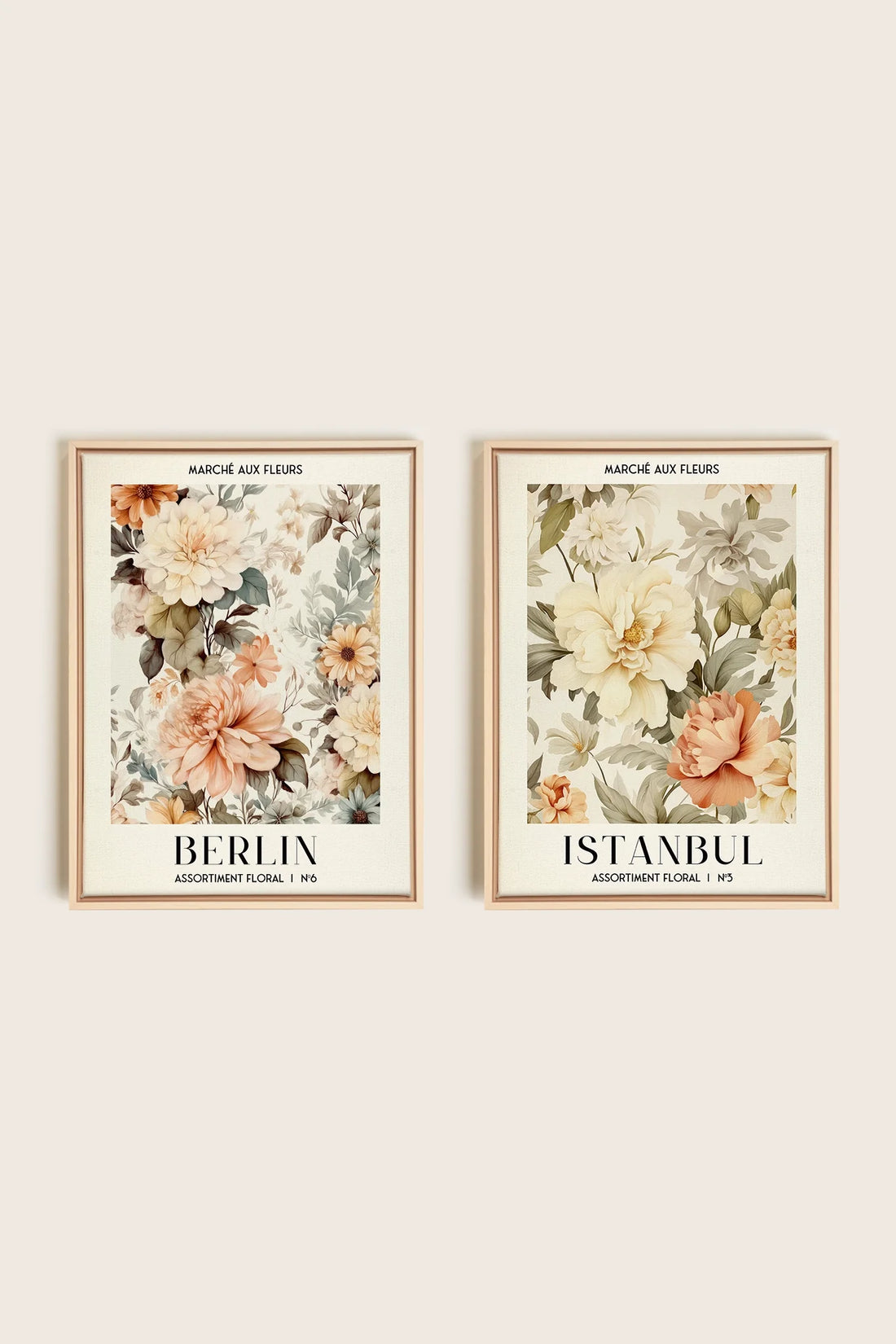OLEKA CANVAS - DUO ASSORTIMENT FLORAL, 2 Oeuvres sur toile étirée, encadré Naturel Clair