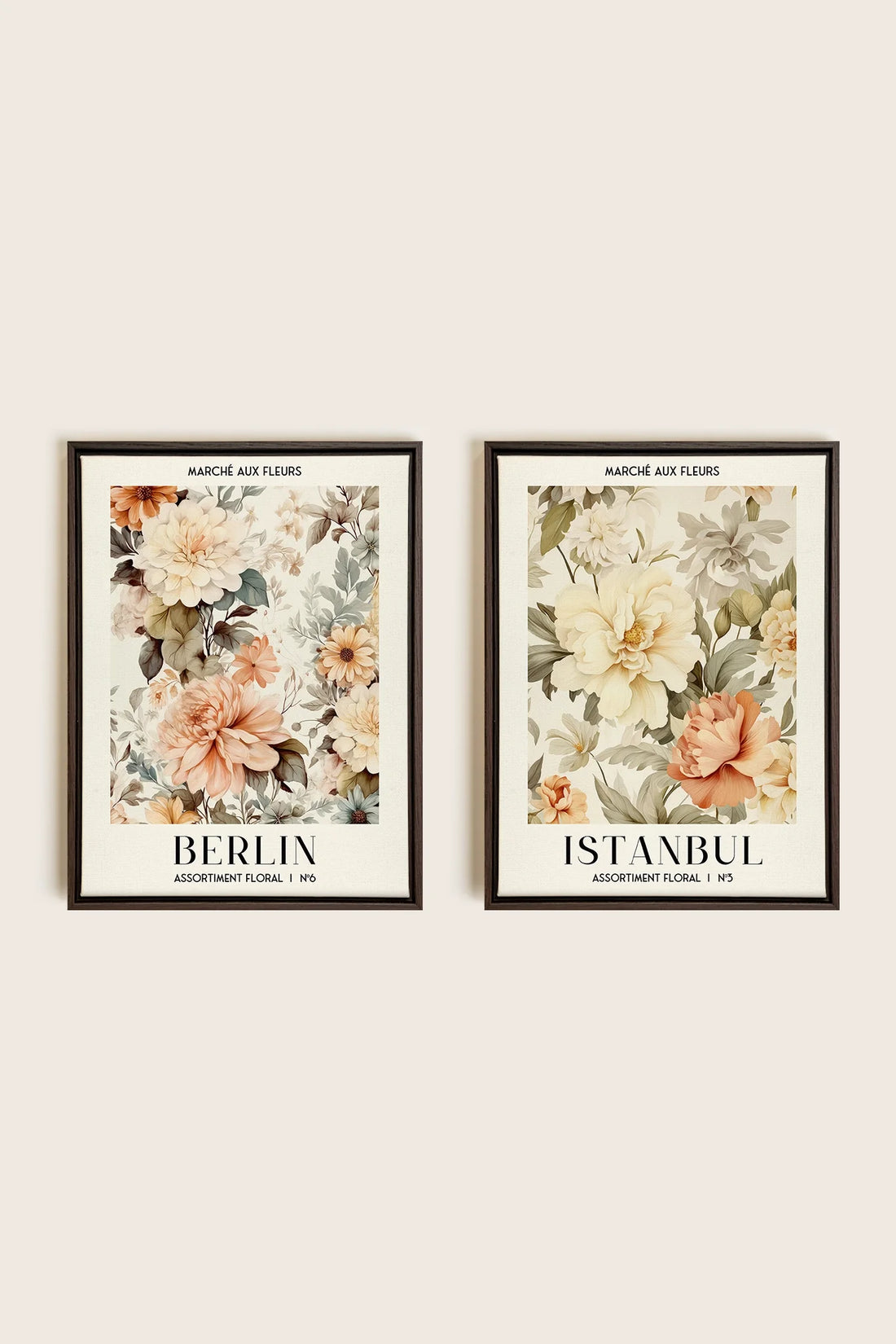 OLEKA CANVAS - DUO ASSORTIMENT FLORAL, 2 Oeuvres sur toile étirée, encadré Brun Noyer