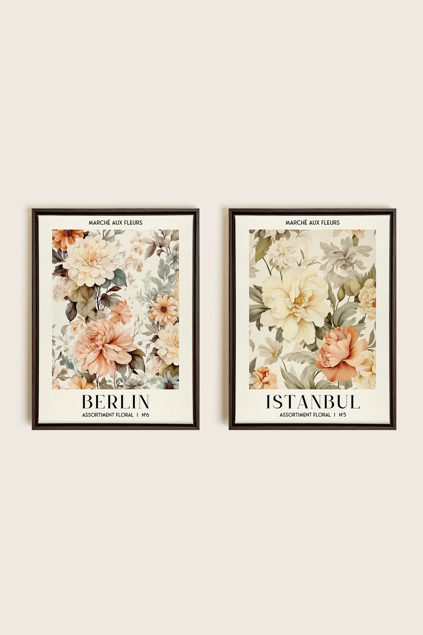 OLEKA CANVAS - DUO ASSORTIMENT FLORAL, 2 Oeuvres sur toile étirée, encadré Brun Noyer