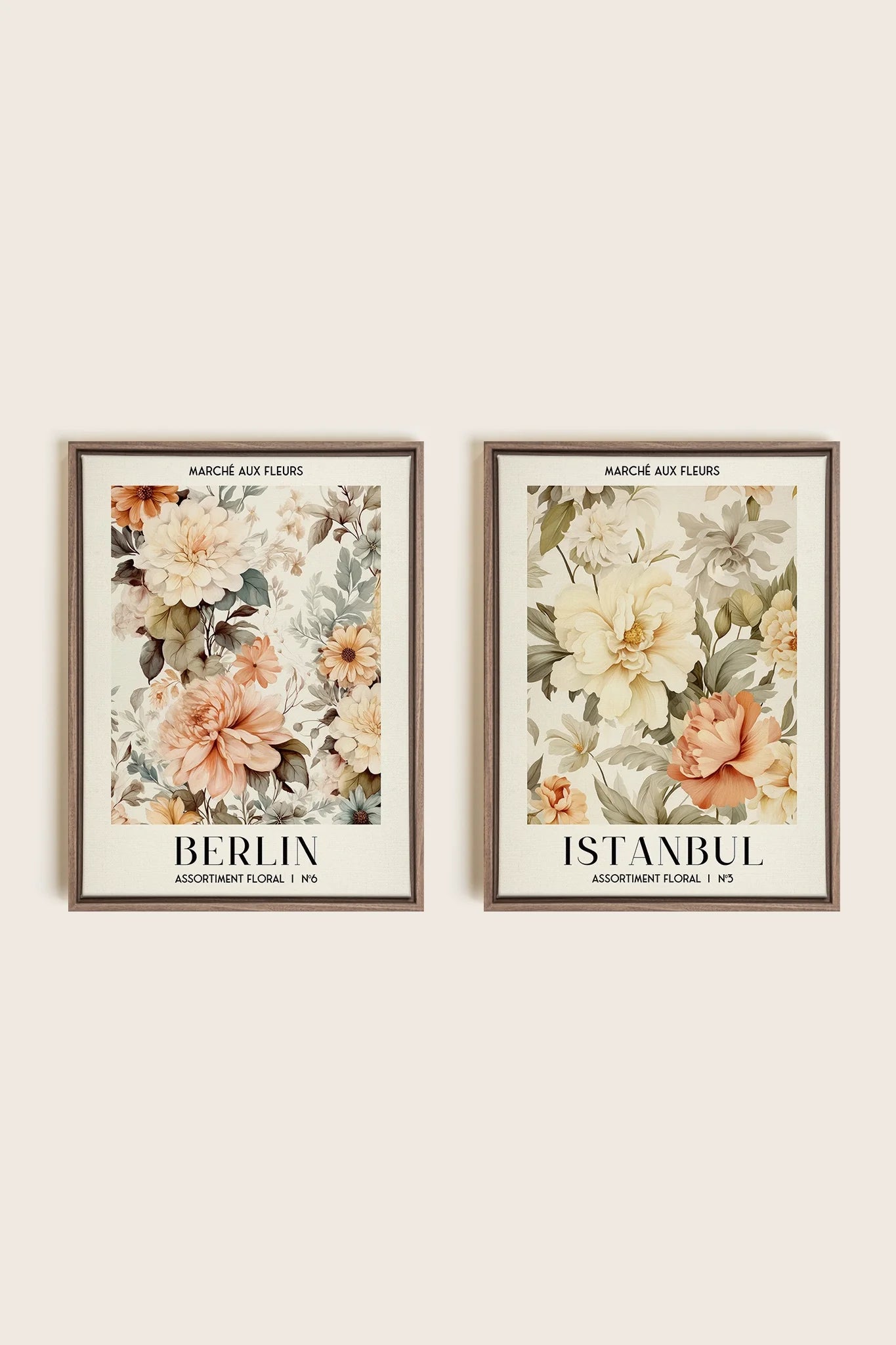 OLEKA CANVAS - DUO ASSORTIMENT FLORAL, 2 Oeuvres sur toile étirée, encadré Brun Chêne