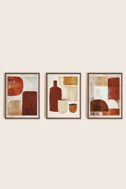 OLEKA CANVAS - EARTHLY CRAFT TRIO, 3 Oeuvres sur toile étirée, encadré Brun Chêne