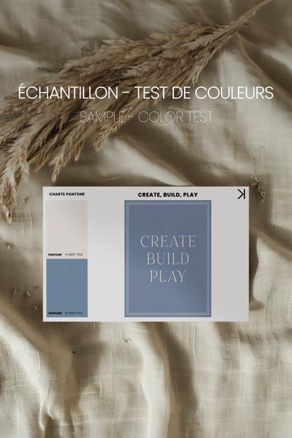 CREATE,BUILD,PLAY, Oeuvre sur toile rigide, encadré brun chêne