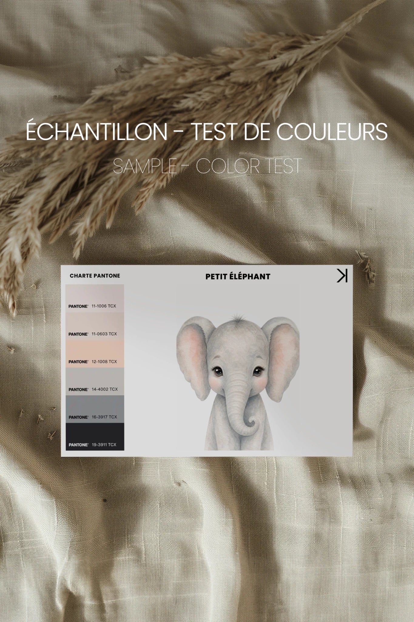 PETIT ÉLÉPHANT, Oeuvre sur toile rigide, encadré brun chêne