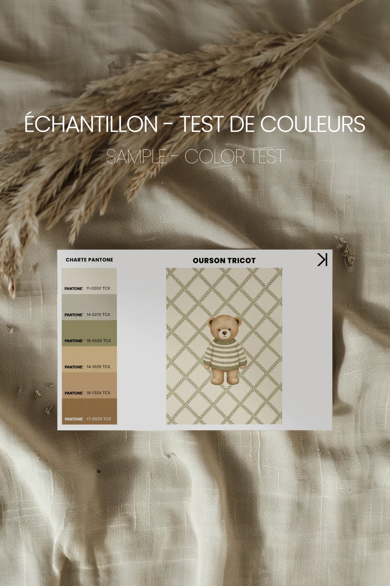 OURSON TRICOT, Oeuvre sur toile rigide, encadré brun chêne