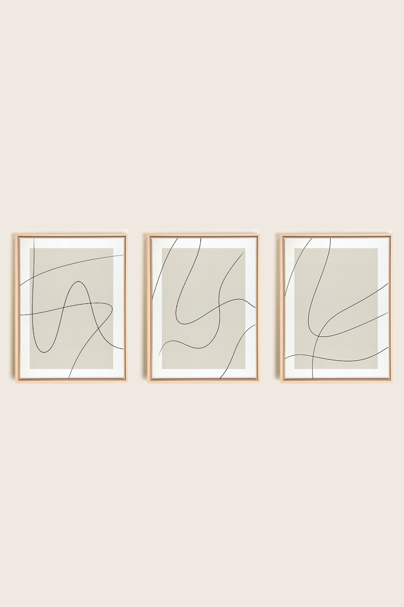 ELEGANT CURVES TRIO, 3 Artworks on stretched canvas, framed Natural Light