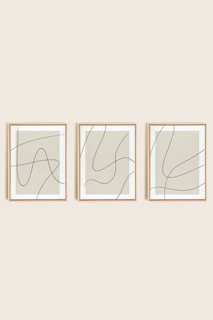 ELEGANT CURVES TRIO, 3 Artworks on stretched canvas, framed Natural Light