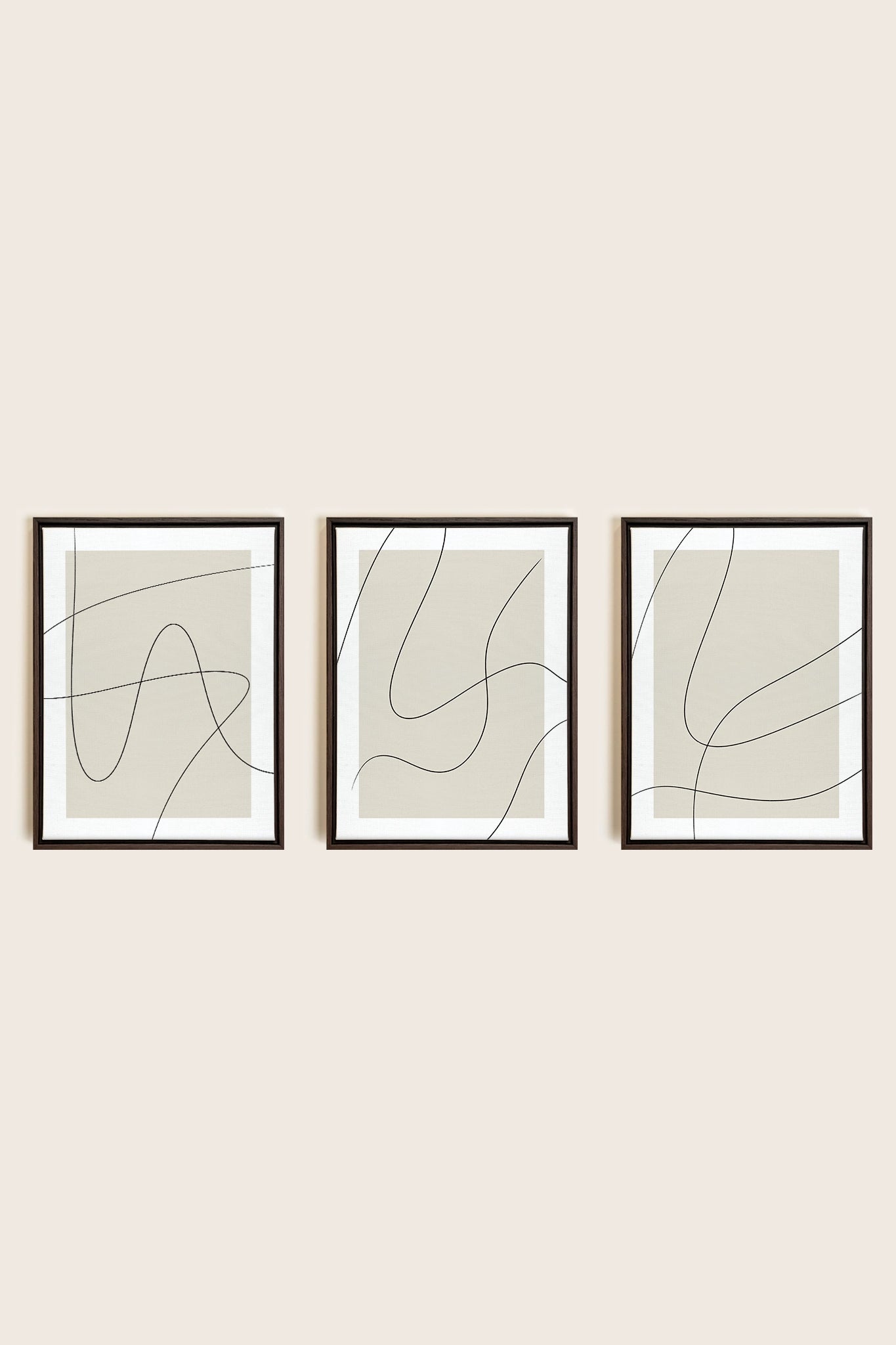 ELEGANT CURVES TRIO, 3 Artworks on stretched canvas, framed in Walnut Brown