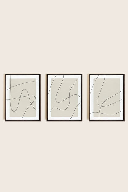 ELEGANT CURVES TRIO, 3 Artworks on stretched canvas, framed in Walnut Brown