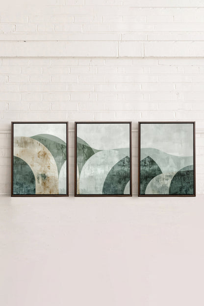 OLEKA CANVAS - GREEN ELEGANCE TRIO, 3 Oeuvres sur toile étirée, encadré Brun Noyer