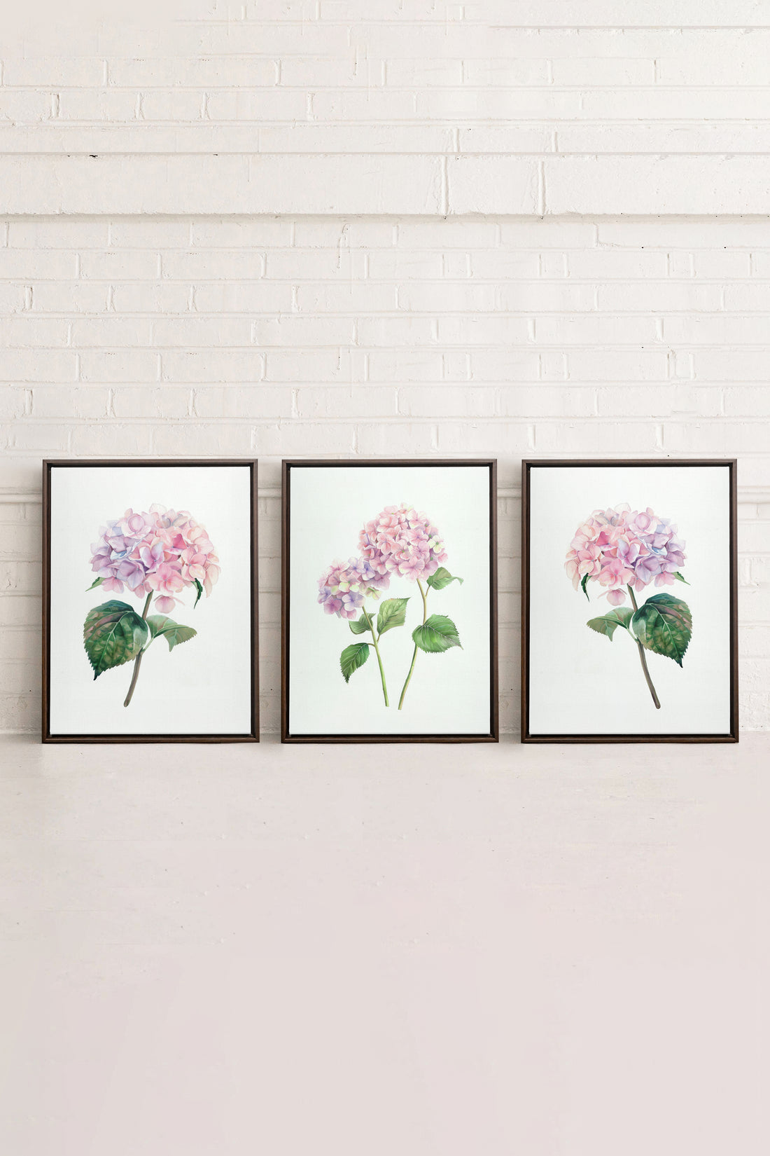 BLOSSOMING TRIO, 3 Artworks on stretched canvas, framed in Walnut Brown