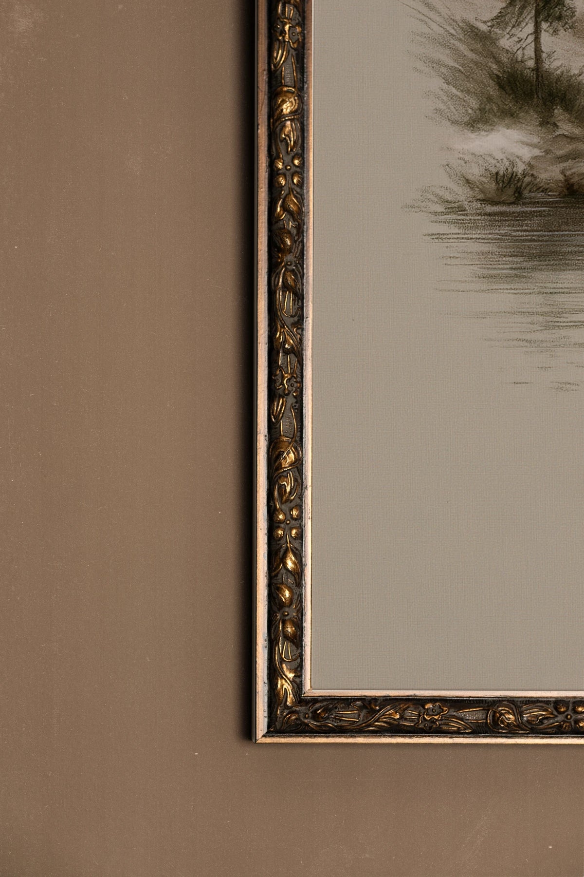 EVERGREEN RIVER, Artwork on rigid canvas, framed Vintage Bronze