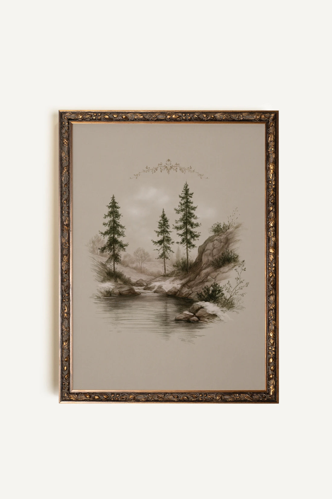 EVERGREEN RIVER, Oeuvre sur toile rigide, encadré Vintage Bronze