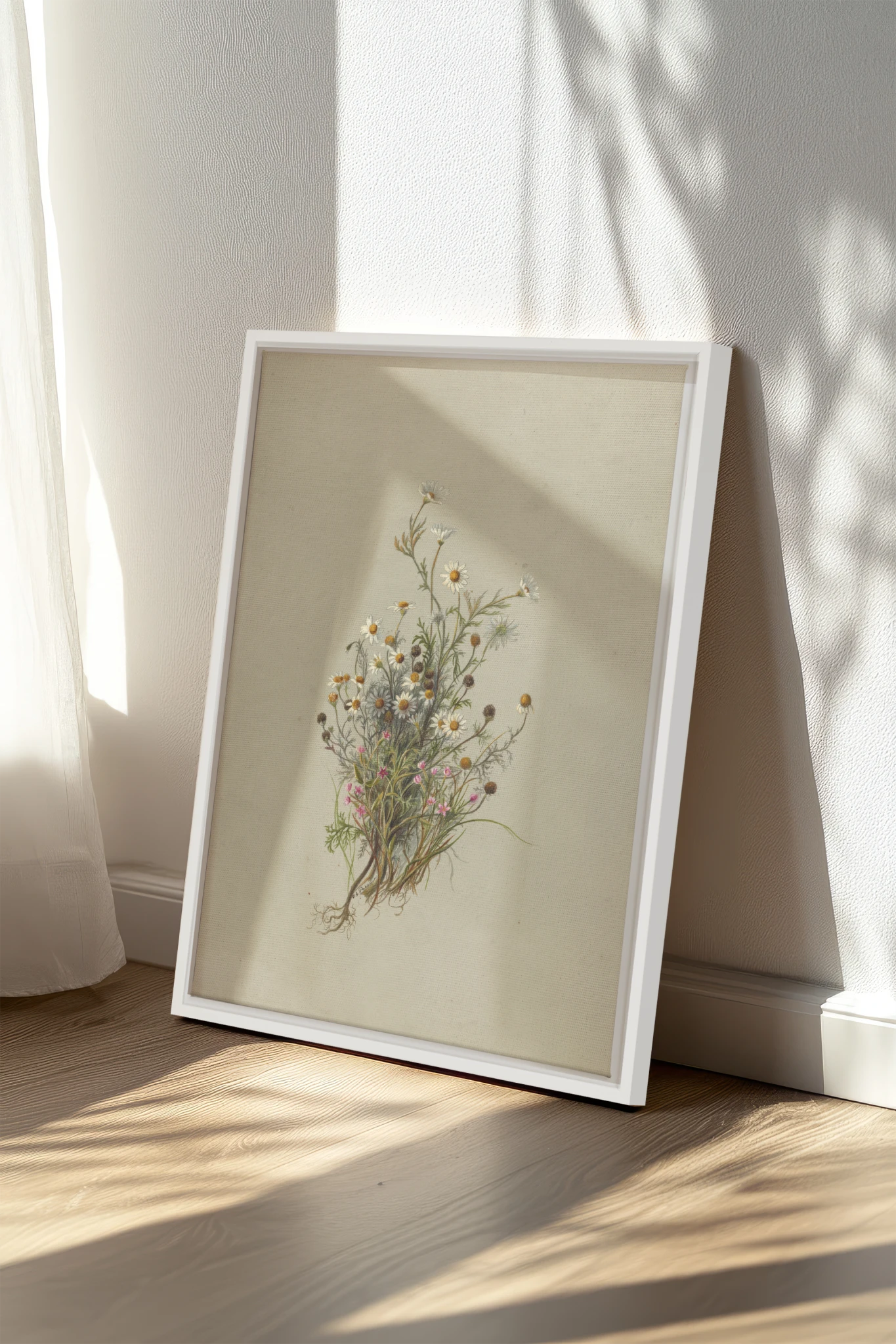FLEURS DES PRÉS, Oeuvre sur toile étirée, encadré Blanc