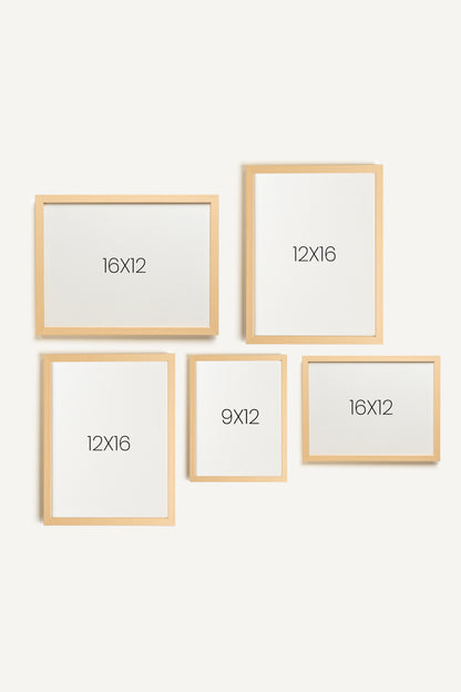 LITTLE DAYDREAM, a set of 5 works on rigid canvas, framed in light natural wood