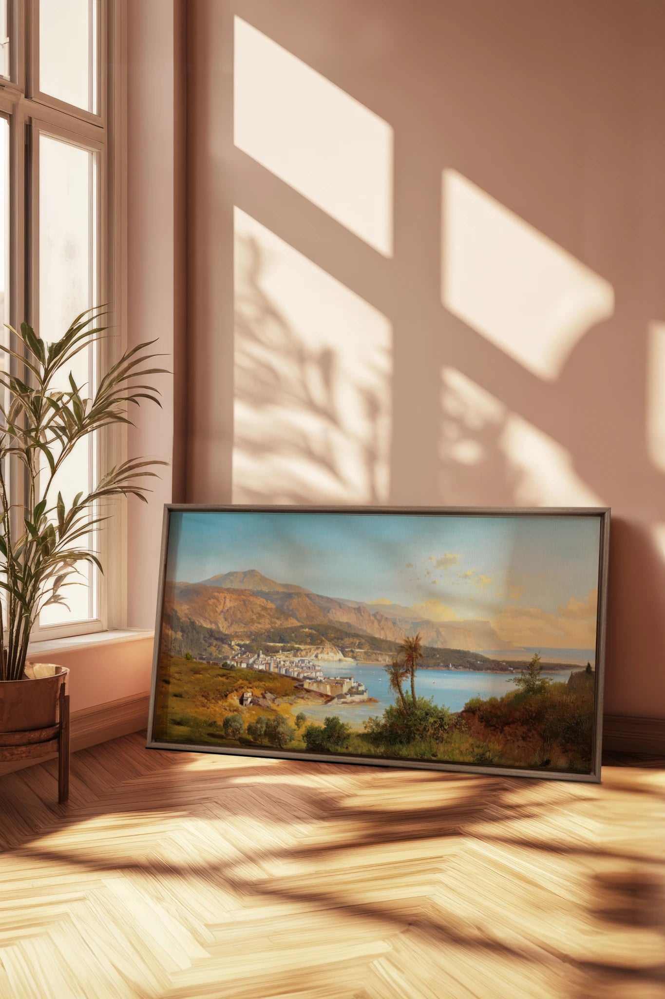 GOLDEN BAY, Work on stretched canvas, framed Oak Brown