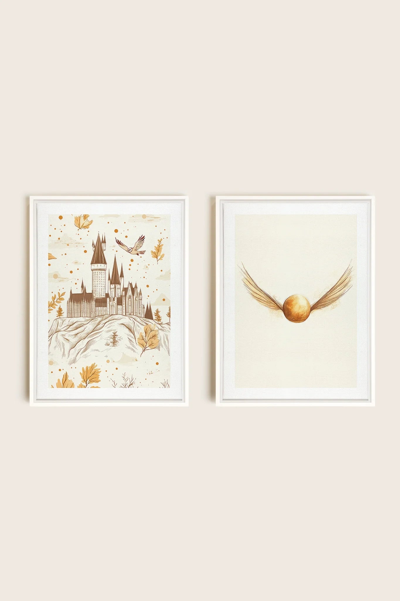 OLEKA CANVAS - GOLDEN WINGS DUO, 2 Oeuvres sur toile étirée, encadré Blanc