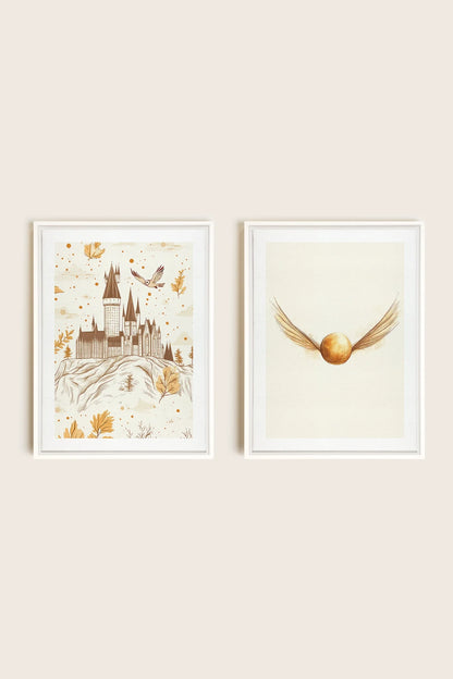 OLEKA CANVAS - GOLDEN WINGS DUO, 2 Oeuvres sur toile étirée, encadré Blanc