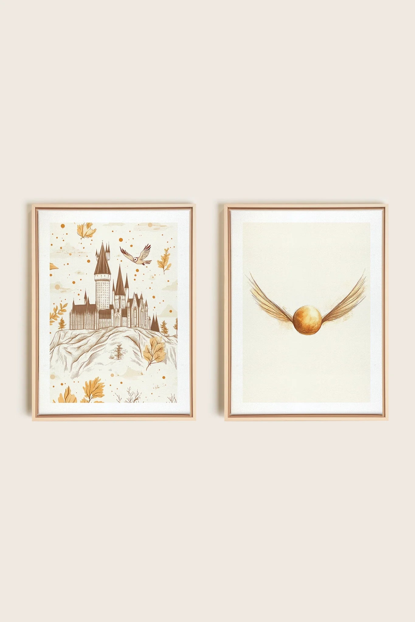 OLEKA CANVAS - GOLDEN WINGS DUO, 2 Oeuvres sur toile étirée, encadré Naturel Clair