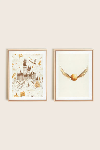 OLEKA CANVAS - GOLDEN WINGS DUO, 2 Oeuvres sur toile étirée, encadré Naturel Clair