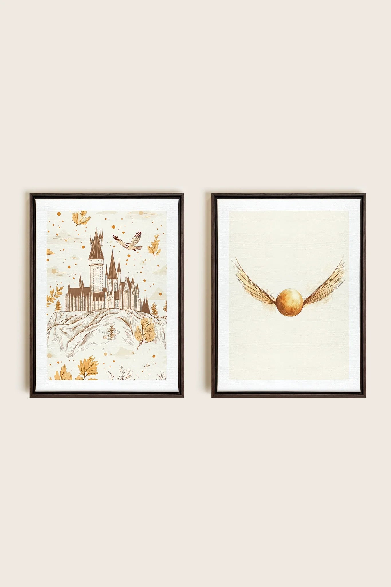 OLEKA CANVAS - GOLDEN WINGS DUO, 2 Oeuvres sur toile étirée, encadré Brun Noyer