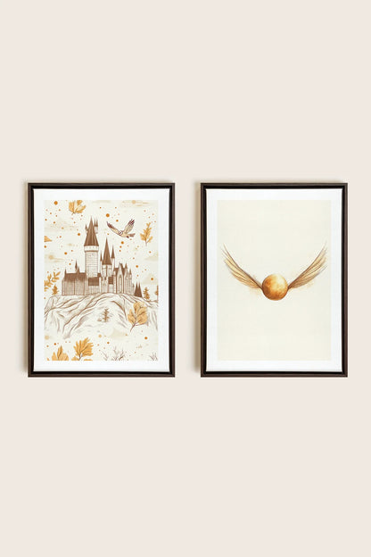 OLEKA CANVAS - GOLDEN WINGS DUO, 2 Oeuvres sur toile étirée, encadré Brun Noyer