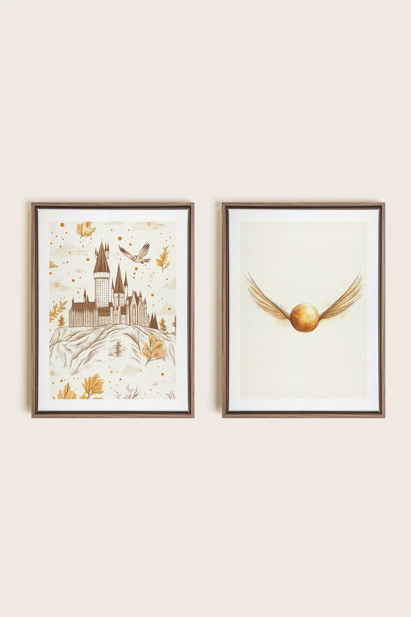 OLEKA CANVAS - GOLDEN WINGS DUO, 2 Oeuvres sur toile étirée, encadré Brun Chêne