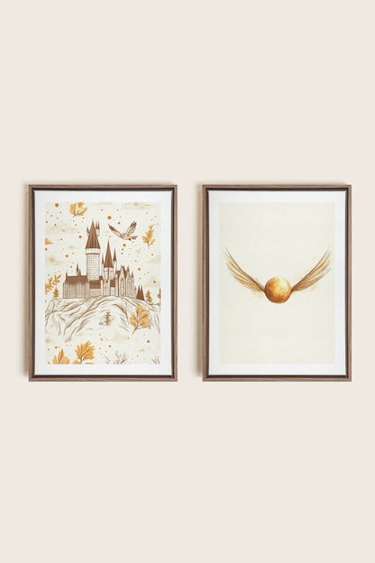 OLEKA CANVAS - GOLDEN WINGS DUO, 2 Oeuvres sur toile étirée, encadré Brun Chêne