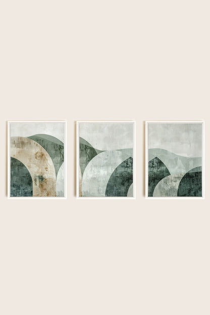 OLEKA CANVAS - GREEN ELEGANCE TRIO, 3 Oeuvres sur toile étirée, encadré Blanc
