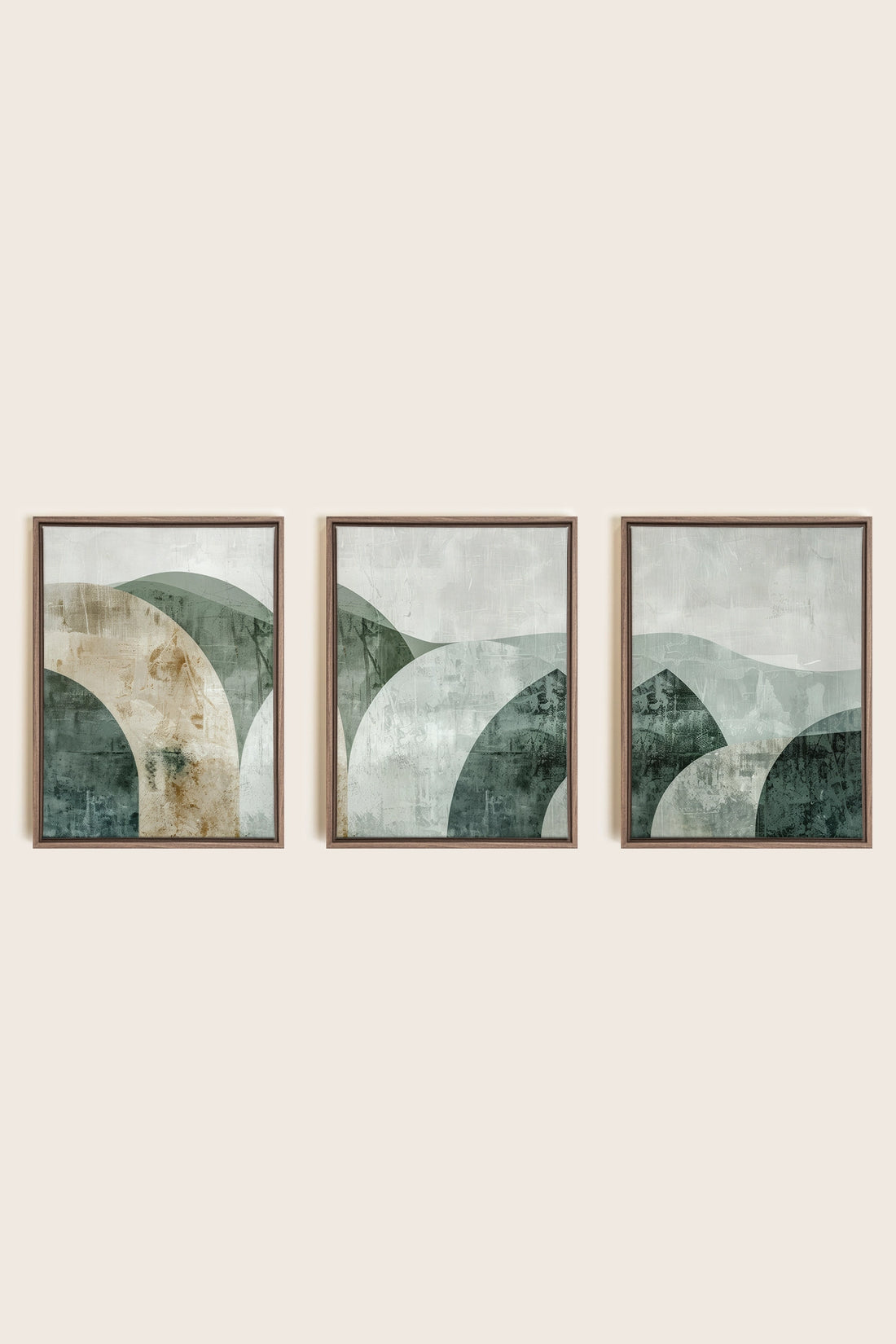 GREEN ELEGANCE TRIO, 3 Works on stretched canvas, framed in Brown Oak