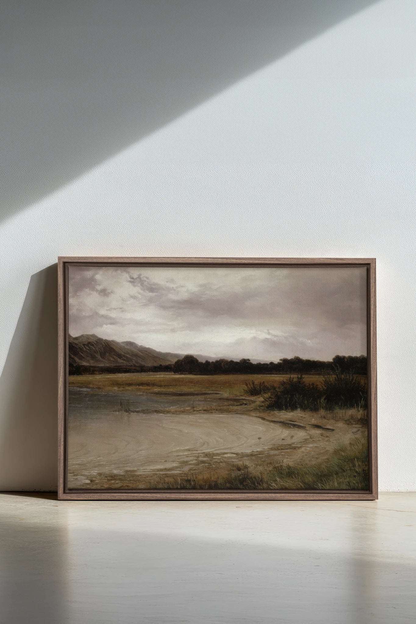 GREY MEADOW, Work on stretched canvas, framed Oak Brown