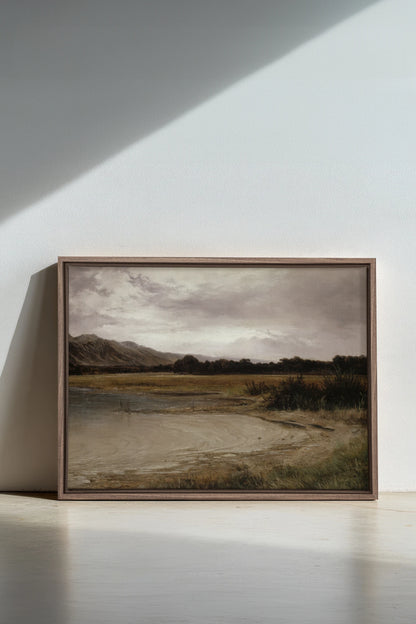 GREY MEADOW, Work on stretched canvas, framed Oak Brown